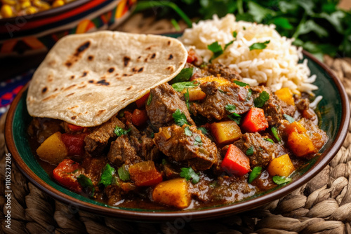 A Traditional Guatemalan Plate Featuring Pepian (A Hearty Meat And Vegetable Stew) Served With Rice And Corn Tortillas, Placed On A Colorful Woven Tablecloth photo