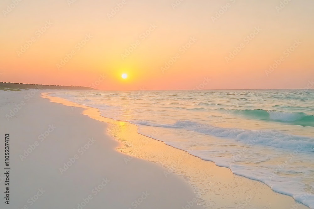 Tranquil Beach Scene with Soft Waves Washed by the Ocean Under a Clear Sky Tranquil Beach Scene with Soft Waves Washed by the Ocean Under a Clear Sky