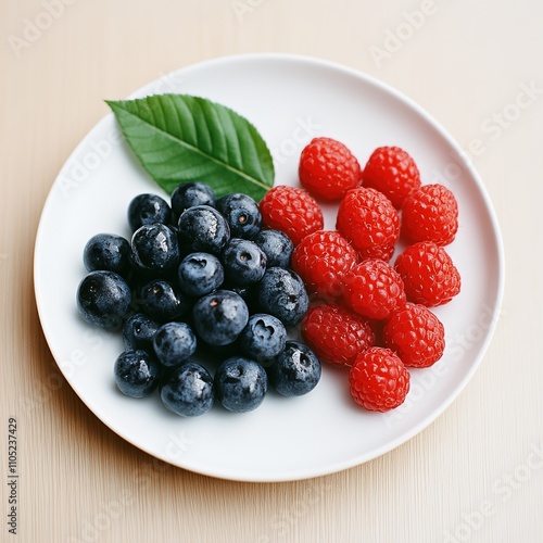 Blueberries and raspberries on a white plate.