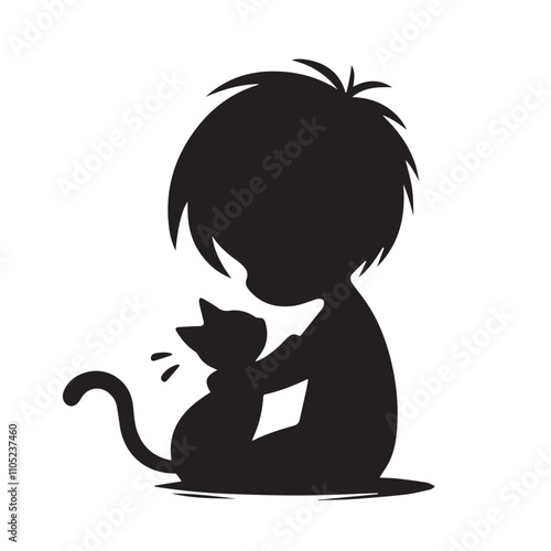 A little boy with cat vector silhouette black and white.