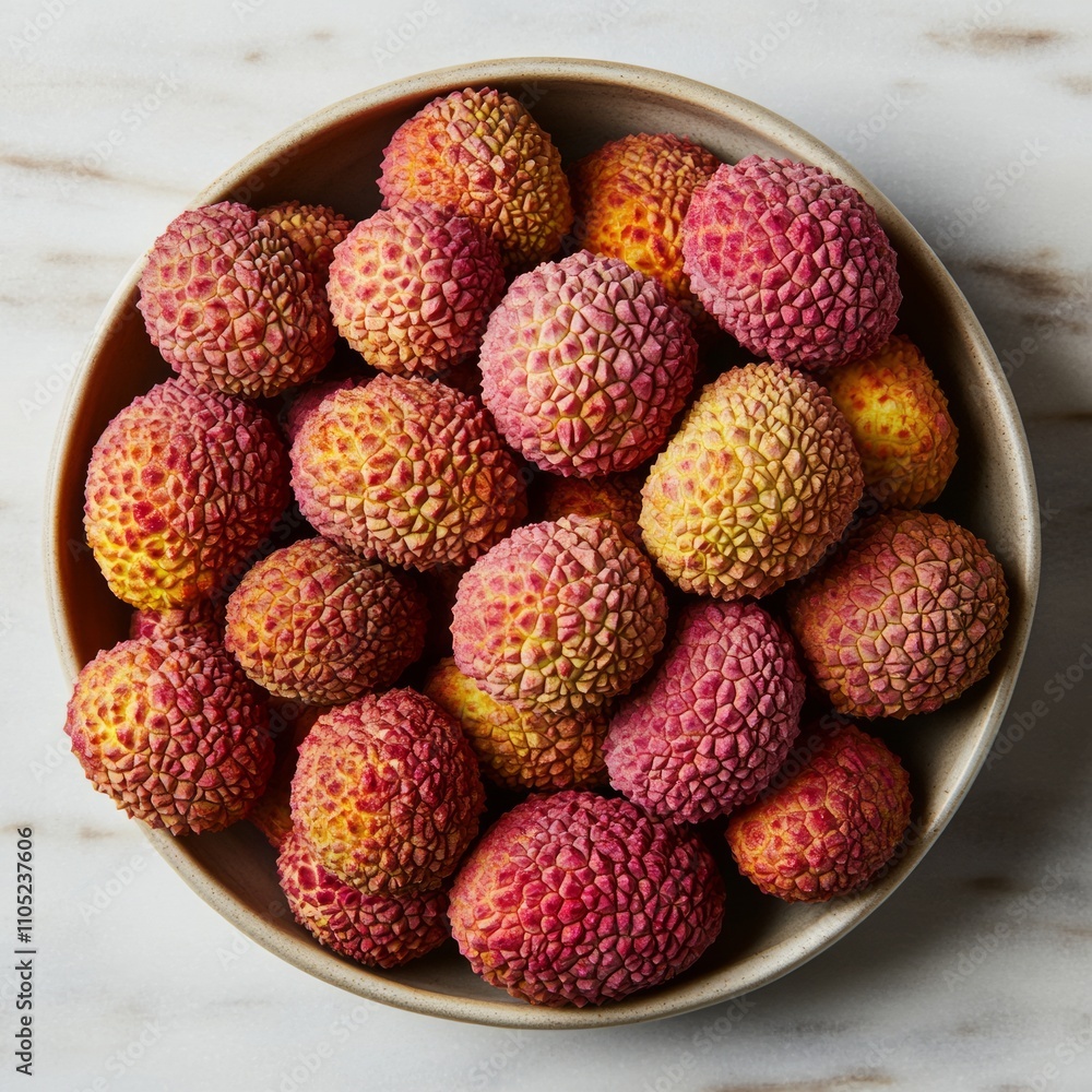 Bowl of fresh lychees, top view.