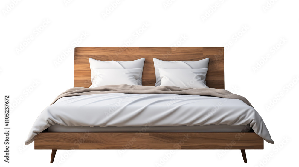 Sleek and modern wood double bed with headboard, offering both style and comfort for a sophisticated bedroom atmosphere, isolated on transparent background. Sleek and modern wood double bed with headboard, offering both style and comfort for a sophisticated bedroom atmosphere, isolated on transparent background.