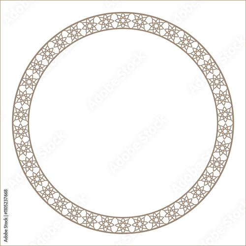Round decorative frame, luxury frame, seamless arabic, andalusian, oriental, authentic arabian style. Gold andalusian, islamic, geometric style with seamless border. Design plate, ceramic, printing
