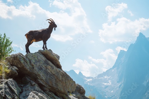 goat standing atop a rocky hill photo