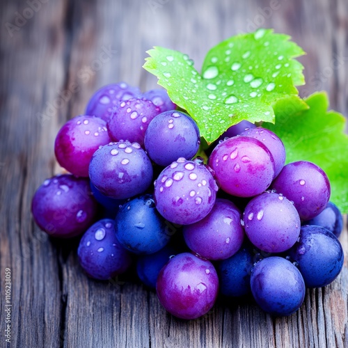 Wallpaper Mural Close-up of a bunch of ripe purple grapes with water droplets on a wooden surface. Torontodigital.ca
