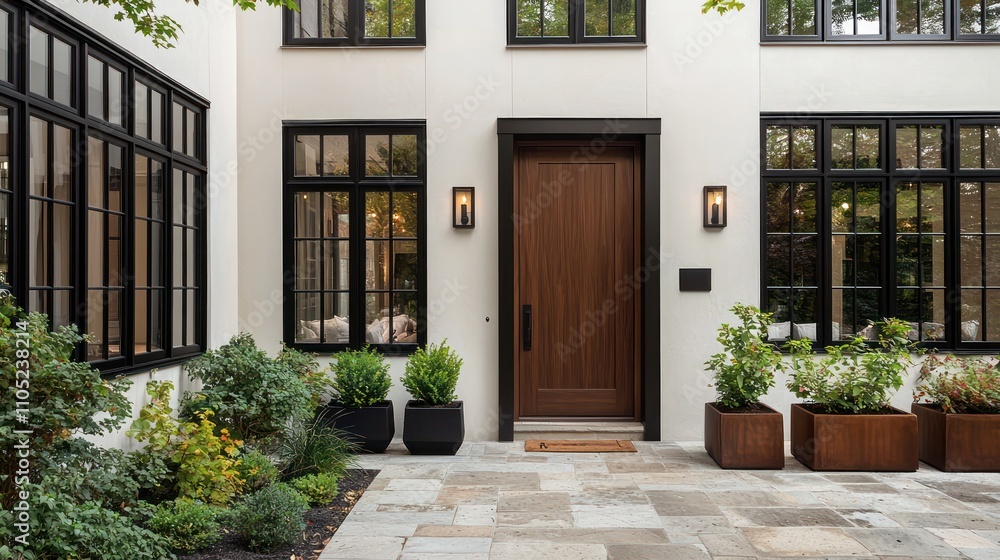 A home with ivory walls, sleek black windows, and a wooden door at the entrance.