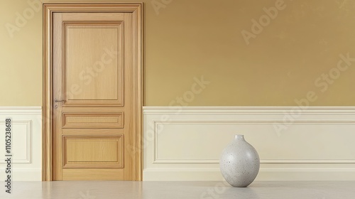 Obraz na płótnie Elegant pale oak panel door in a room with warm sand walls and soft accents. w salonie