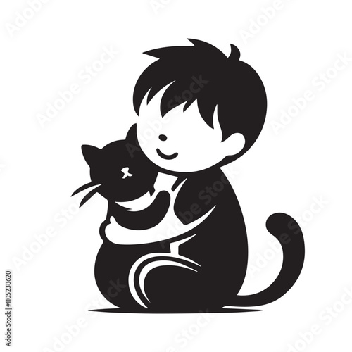 A cute boy with cat vector silhouette black and white. Boy and cat logo, icon