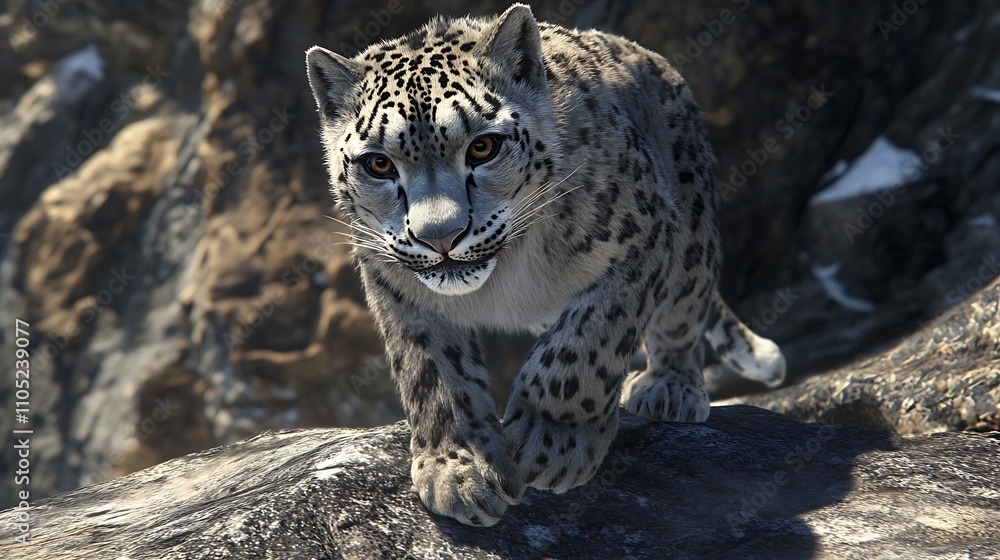 Fototapeta premium A snow leopard prowls over rocky terrain, showcasing its majestic fur and keen expression.