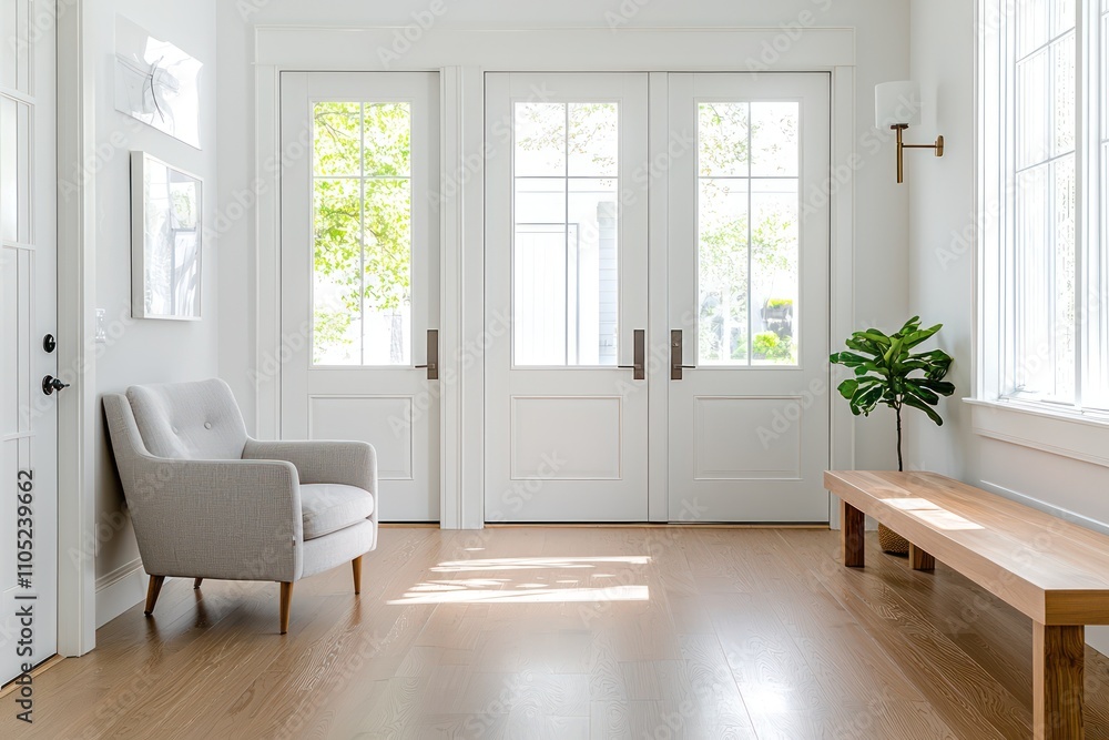 A bright hallway with minimalist decor, modern doors, and a touch of greenery.