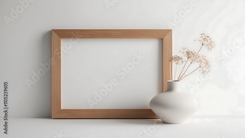 Home interior poster mock up with vertical gold frame with ornamental plants in pots on empty wall background.3D rendering