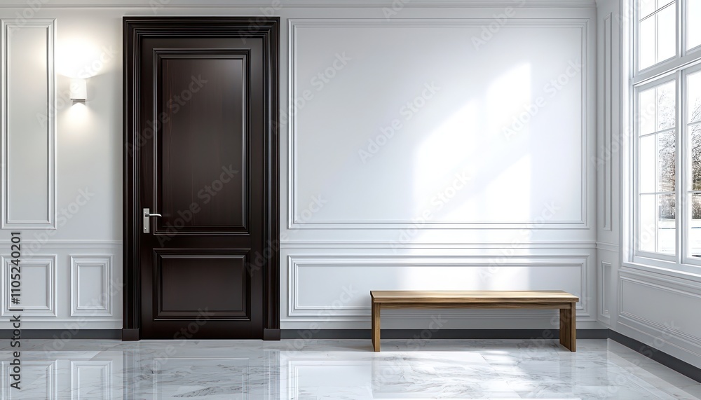 Mahogany door with white walls, marble floor, and minimalist wooden bench.