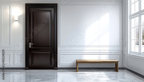 Obraz na płótnie Mahogany door with white walls, marble floor, and minimalist wooden bench. w salonie