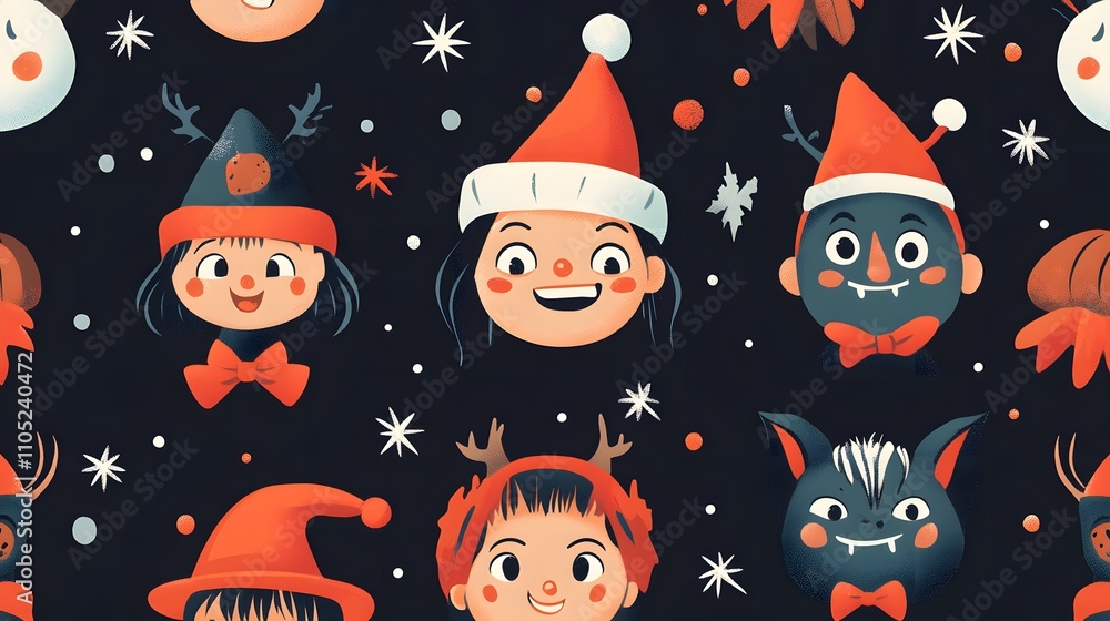 Festive kids faces seamless pattern. Festive kids faces seamless pattern.