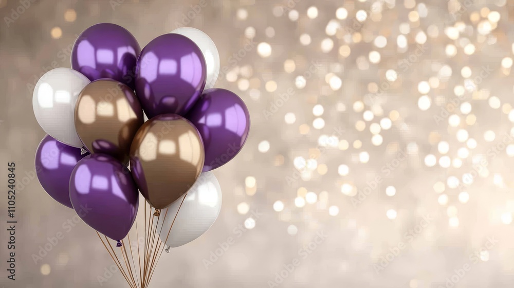 Festive Celebration Bunch of Purple, White, and Bronze Balloons on a Blurry Sparkling Background Festive Celebration Bunch of Purple, White, and Bronze Balloons on a Blurry Sparkling Background