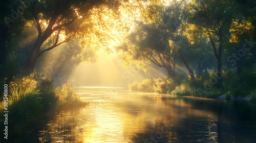 Golden River Sunrise: A 3D Landscape Illustration