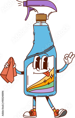 Groovy spray bottle, cleaning, washing and household character with an expressive face and wipe in hand. Isolated cartoon vector detergent flask wearing sneakers ready for spraying and cleanup chores