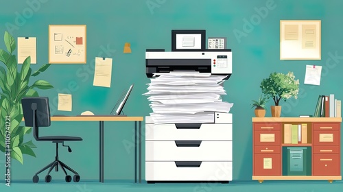 Office Workplace with a Large Stack of Paper on the Printer