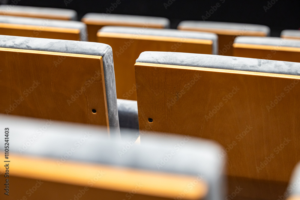 Rows of empty seats in a cinema hall - close-up with shallow depth of field. View of the back part made of light plywood.