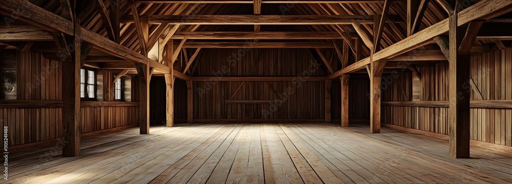 Fototapeta premium 34. A wide, rustic barn interior with wooden beams and large empty space for text in the center