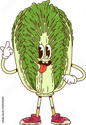 Cartoon groovy Chinese cabbage vegetable character with a big, friendly smile, wearing sneakers, and gesturing happily. Isolated vector ripe farm veggie personage exudes a cheerful, energetic vibe