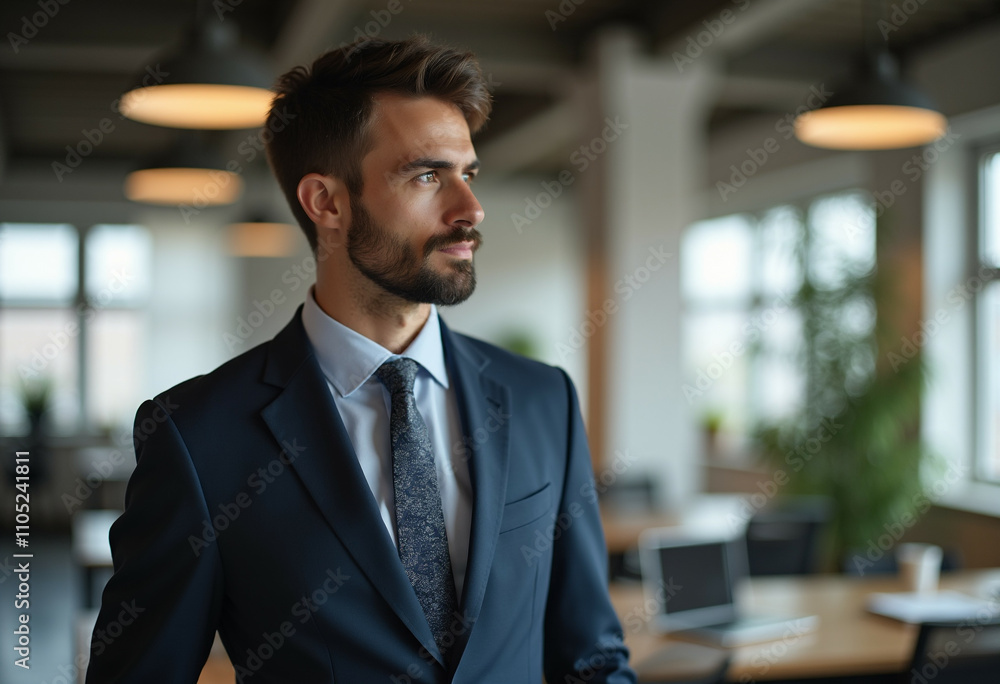 A businessman in a navy suit thoughtfully looking away in a modern office. A businessman in a navy suit thoughtfully looking away in a modern office.