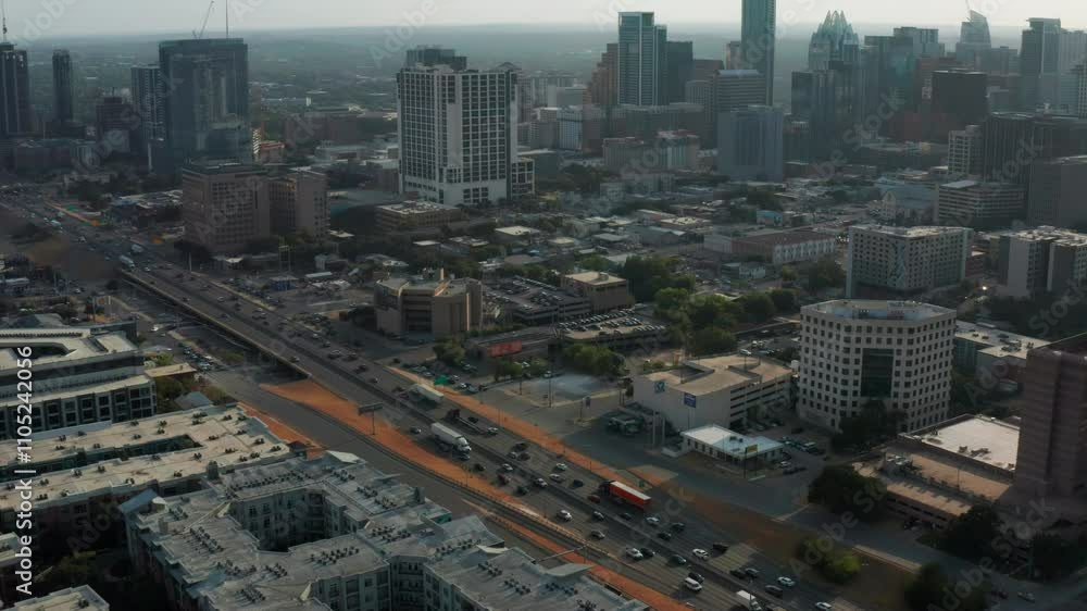 Aerial view of downtown Austin with I-35 highway at golden hour Aerial view of downtown Austin with I-35 highway at golden hour