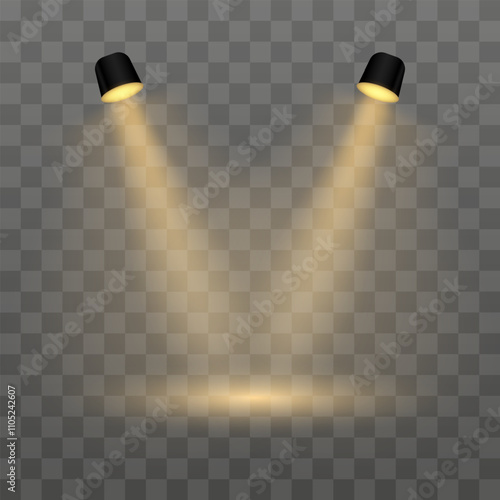 White projector. Realistic dual spotlights on a transparent background. Perfect for stage lighting, product display, or spotlight effects, exhibitions, modern interior