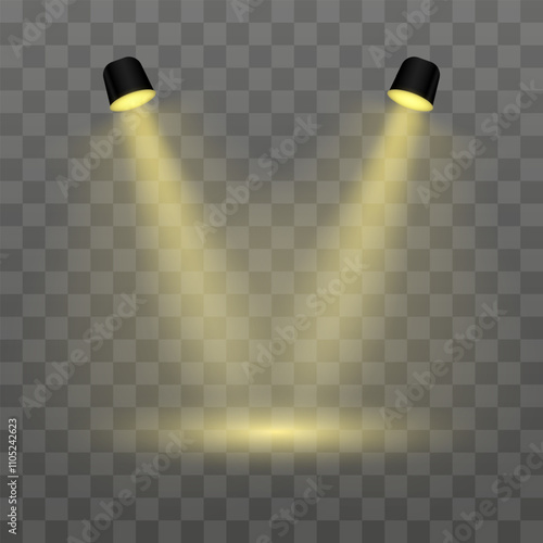 Yellow projector. Realistic dual spotlights on a transparent background. Perfect for stage lighting, product display, or spotlight effects, exhibitions, modern interior
