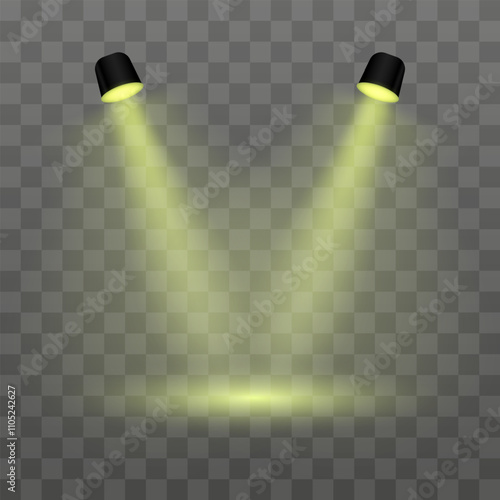 Yellow projector. Realistic dual spotlights on a transparent background. Perfect for stage lighting, product display, or spotlight effects, exhibitions, modern interior
