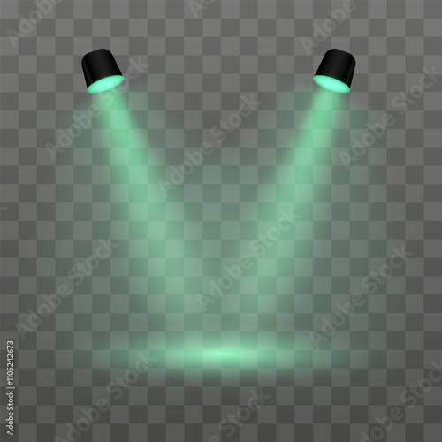 Green projector. Realistic dual spotlights on a transparent background. Perfect for stage lighting, product display, or spotlight effects, exhibitions, modern interior