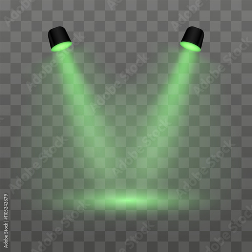 Green projector. Realistic dual spotlights on a transparent background. Perfect for stage lighting, product display, or spotlight effects, exhibitions, modern interior