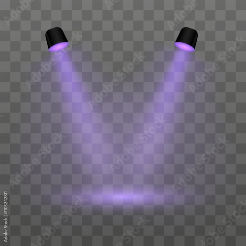 Purple projector. Realistic dual spotlights on a transparent background. Perfect for stage lighting, product display, or spotlight effects, exhibitions, modern interior