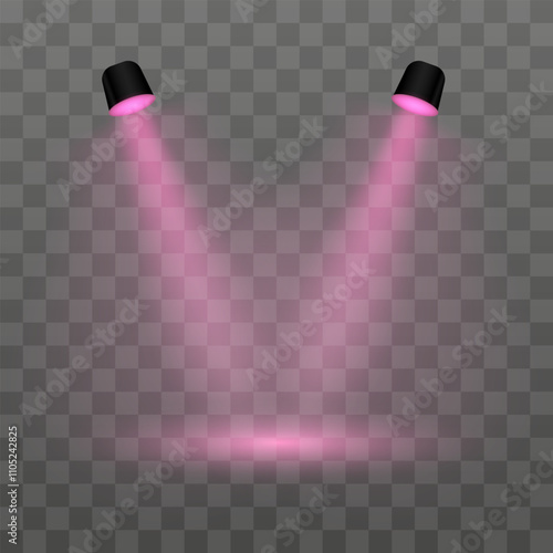 Purple projector. Realistic dual spotlights on a transparent background. Perfect for stage lighting, product display, or spotlight effects, exhibitions, modern interior