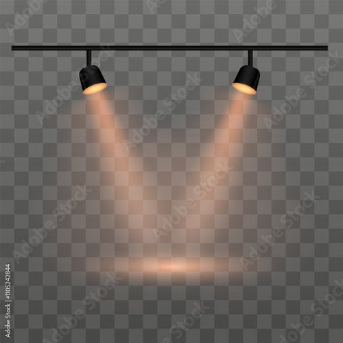 Dual Orange spotlights on a transparent background. Spotlights, beams, ceiling fixture, illumination, stage lights, indoor lighting, focused beam, brightness, equipment, shadow, electricity