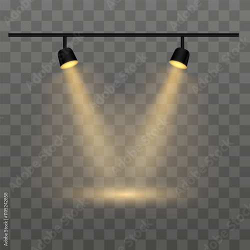 Dual Orange spotlights on a transparent background. Spotlights, beams, ceiling fixture, illumination, stage lights, indoor lighting, focused beam, brightness, equipment, shadow, electricity