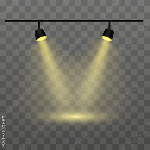Dual yellow spotlights on a transparent background. Spotlights, beams, ceiling fixture, illumination, stage lights, indoor lighting, focused beam, brightness, equipment, shadow, electricity
