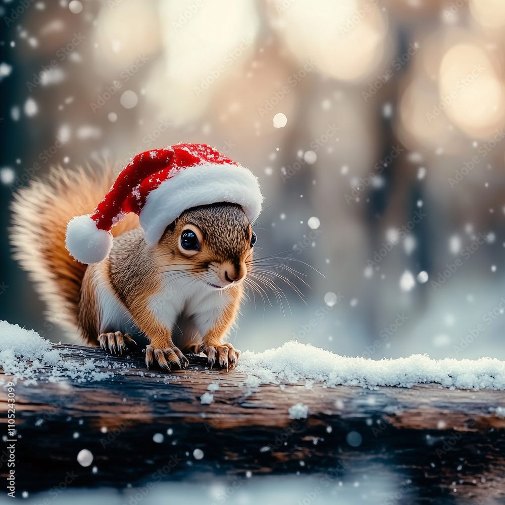 Fototapeta premium Christmas squirrel wearing santa hat in snowy forest