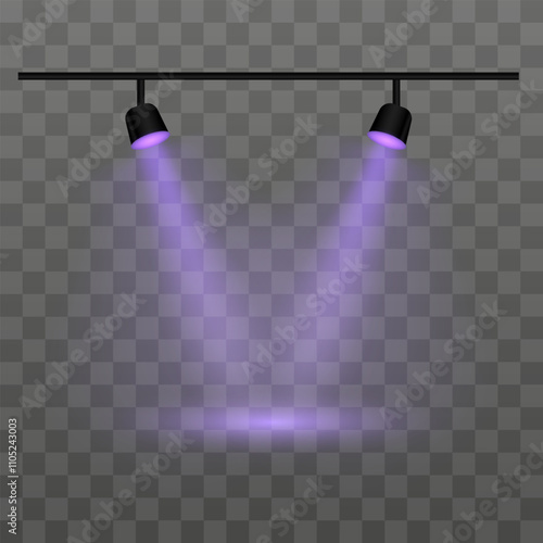 Dual purple spotlights on a transparent background. Spotlights, beams, ceiling fixture, illumination, stage lights, indoor lighting, focused beam, brightness, equipment, shadow, electricity