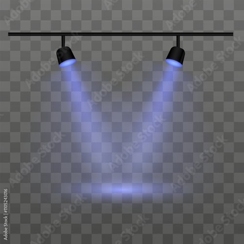 Dual blue spotlights on a transparent background. Spotlights, beams, ceiling fixture, illumination, stage lights, indoor lighting, focused beam, brightness, equipment, shadow, electricity