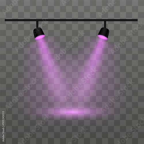 Dual purple spotlights on a transparent background. Spotlights, beams, ceiling fixture, illumination, stage lights, indoor lighting, focused beam, brightness, equipment, shadow, electricity