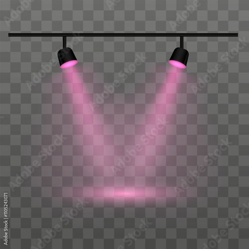 Dual pink spotlights on a transparent background. Spotlights, beams, ceiling fixture, illumination, stage lights, indoor lighting, focused beam, brightness, equipment, shadow, electricity