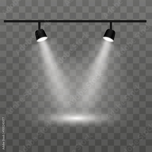 Dual white spotlights on a transparent background. Spotlights, beams, ceiling fixture, illumination, stage lights, indoor lighting, focused beam, brightness, equipment, shadow, electricity