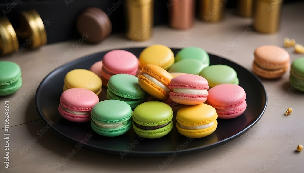 Macarons de colores variados en un plato negro, incluidos macarons rosados, verdes, amarillos y marrones Macarons de colores variados en un plato negro, incluidos macarons rosados, verdes, amarillos y marrones
