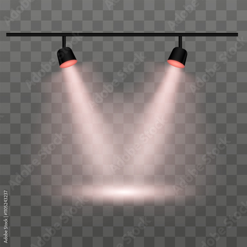 Dual spotlights on a transparent background. Spotlights, beams, ceiling fixture, illumination, stage lights, indoor lighting, focused beam, brightness, equipment, shadow, electricity