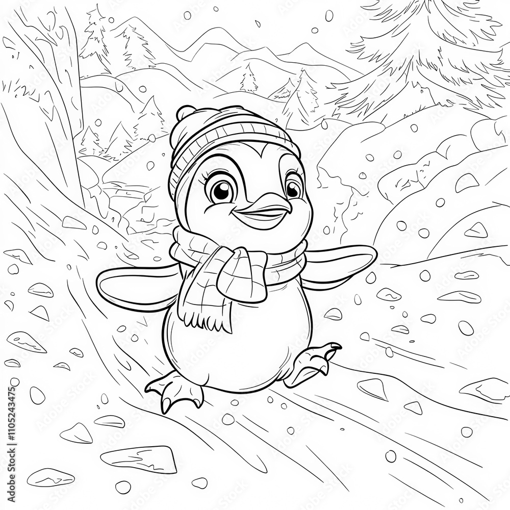 Fototapeta premium A cheerful penguin sliding on ice, coloring page for kids, simple outline illustration. Coloring book, simple lines.
