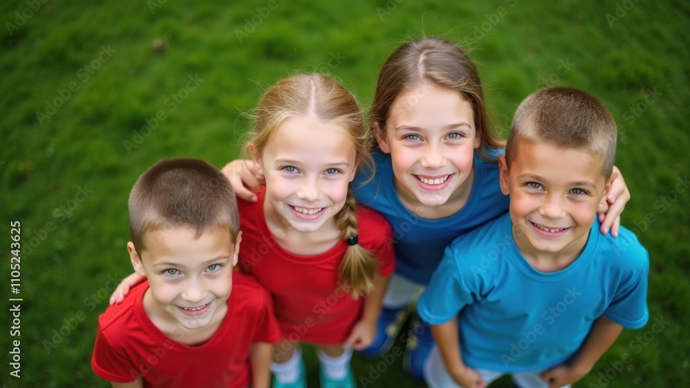 A group of four happy children stands close together on a lush green lawn. They are smiling broadly and wearing vibrant, colorful shirts while enjoying a sunny day outdoors A group of four happy children stands close together on a lush green lawn. They are smiling broadly and wearing vibrant, colorful shirts while enjoying a sunny day outdoors