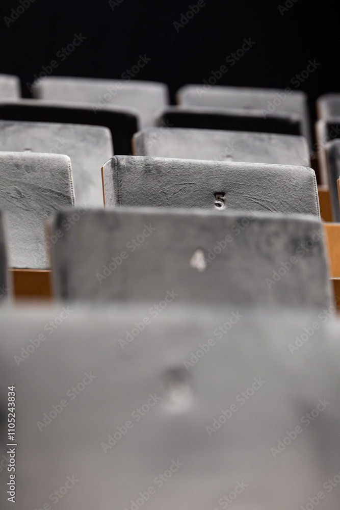 Rows of empty seats in a cinema hall, front side of the seats with numbers. Close-up with shallow depth of field