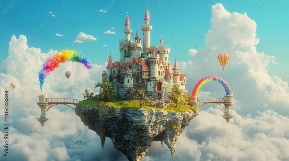 Whimsical Floating Island with Castle and Balloons Whimsical Floating Island with Castle and Balloons