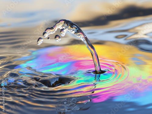 Rainbow colored water stream with bubbles